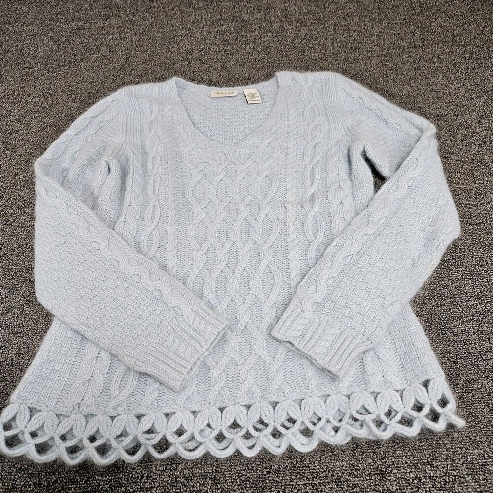 Vtg Tweeds Angora Lambswool Baby Blue Cable Knit V Neck Sweater Crochet Hem PL